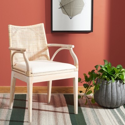 Coastal Chic Natural Whitewash Rattan Armchair with White Cushion