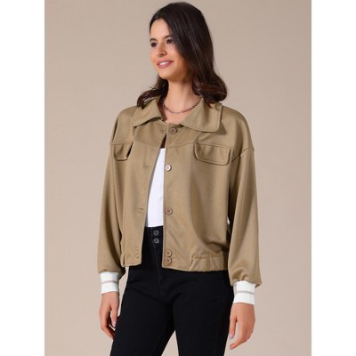 INSPIRE CHIC Women's Cropped Fall Casual Button Down Turndown Collar Long Sleeve Jacket Khaki Small — фото 2