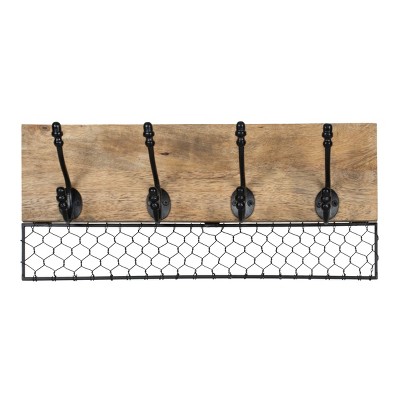 Foreside Home & Garden Chicken Wire Wood Decorative Wall Hook with 4 Metal Hooks - Black