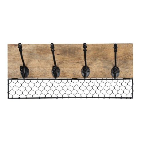 Chicken Wire Wood Decorative Wall Hook With 4 Metal Hooks
