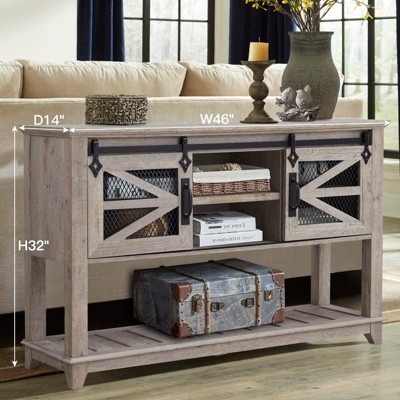 Light Rustic Oak Farmhouse Console Table with Sliding Barn Doors and Storage Shelf