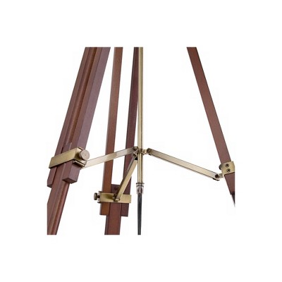 Adjustable Cherry Wood Tripod Floor Lamp with Beige Linen Shade