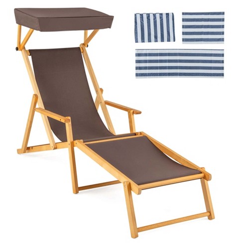 Costway Birch Wood Chaise Lounge Chair with Adjustable Canopy Reclining Backrest & Footrest Brown/Navy - image 1 of 4