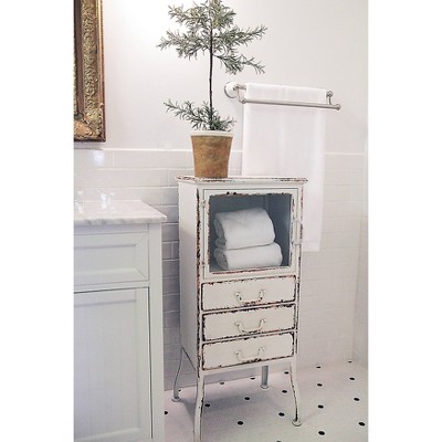 Distressed White Metal Cabinet with 3 Drawers and Open Shelf
