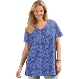 Woman Within Plus Size Perfect Printed Short-Sleeve Shirred V-Neck Tunic - 1 of 4