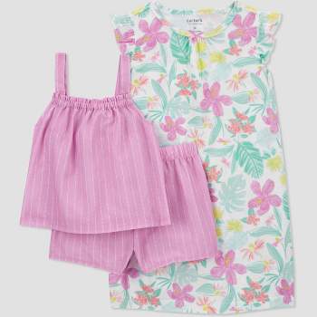 Carter's Just One You®️ Toddler Girls' 3pc Floral and Striped Gown Pajama Set - Purple/White