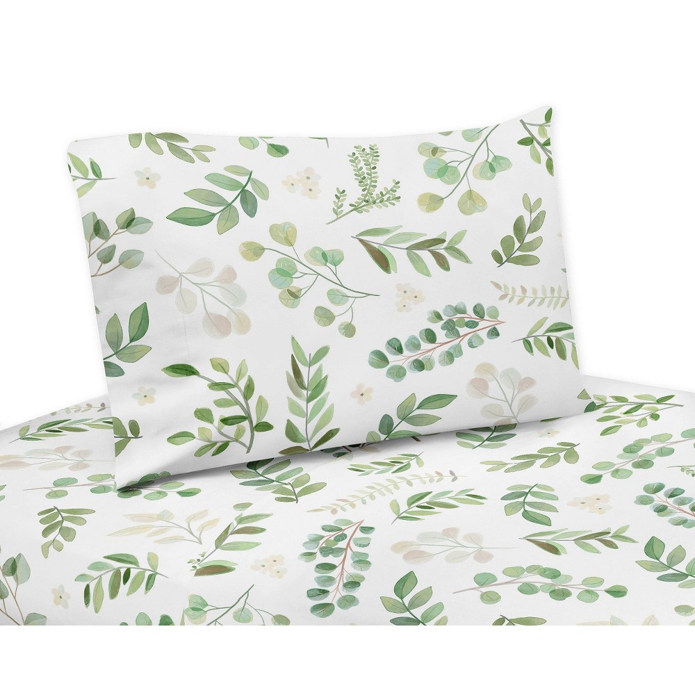 Photos - Bed Linen 3pc Botanical Leaf Twin Kids' Sheet Set Green and White - Sweet Jojo Desig
