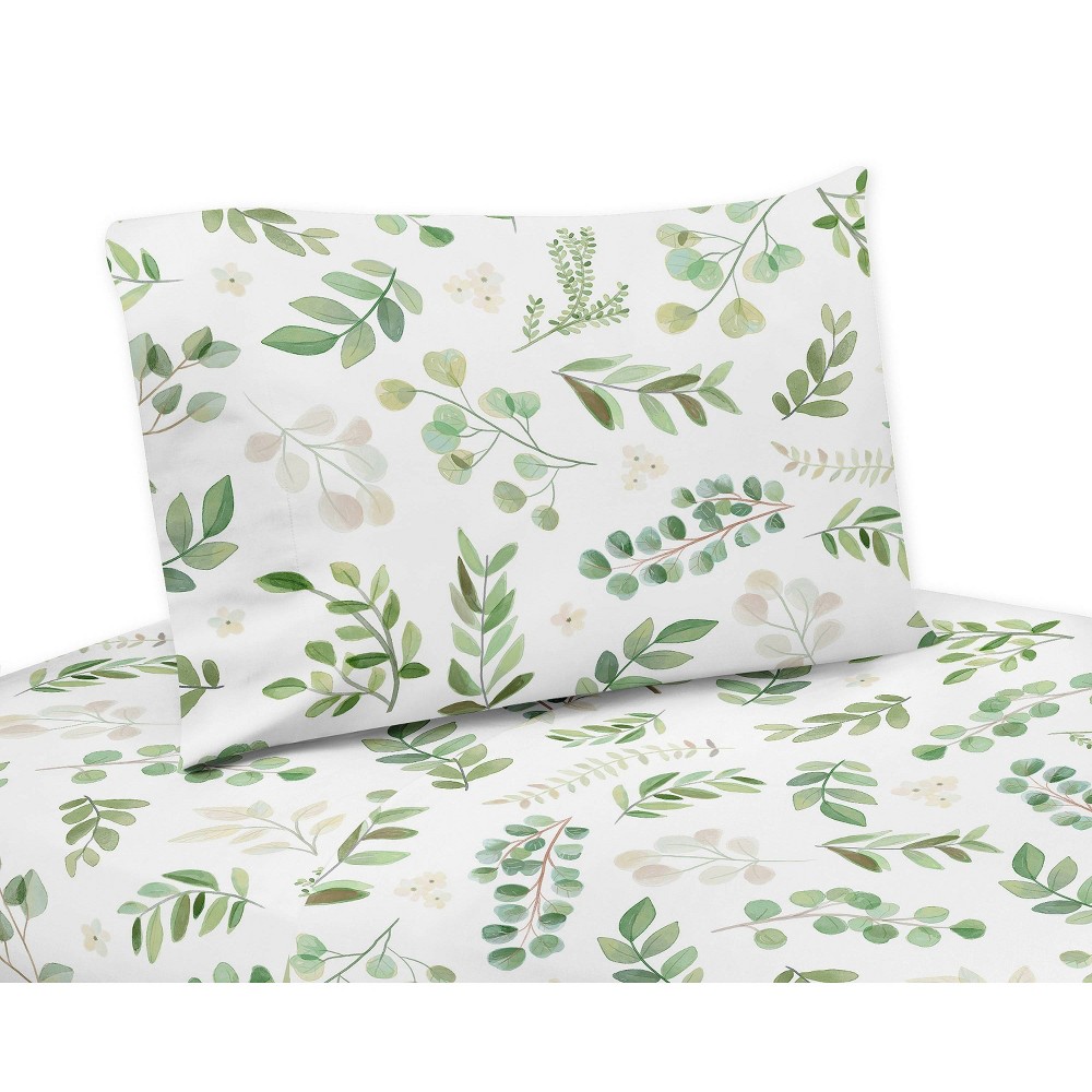 Photos - Bed Linen 4pc Botanical Leaf Queen Kids' Sheet Set Green and White - Sweet Jojo Desi