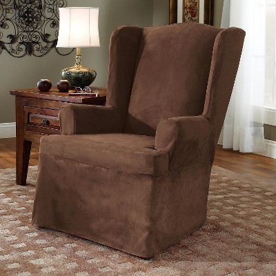 Soft Suede Wing Chair Slipcover Chocolate - Sure Fit, Brown