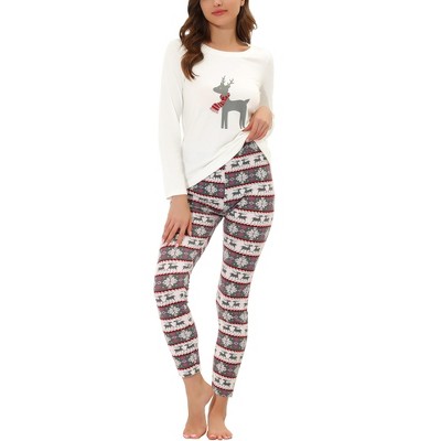 Cheibear Christmas Elk Print Tops With Plaid Pants Xmas Sleepwear