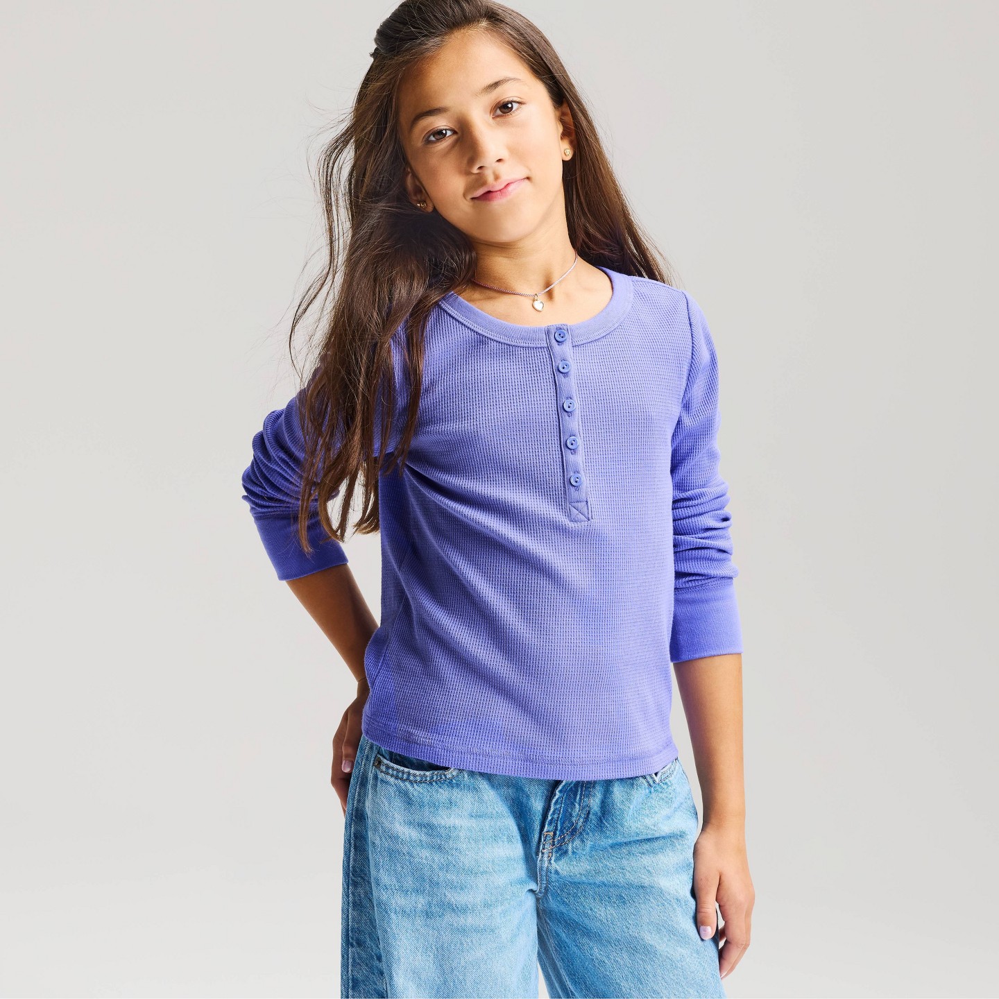 Футболка Cat & Jack Long Sleeve Waffle Knit Henley T-Shirt для девочек, цвет: Светлый фиолетовый — фото 1