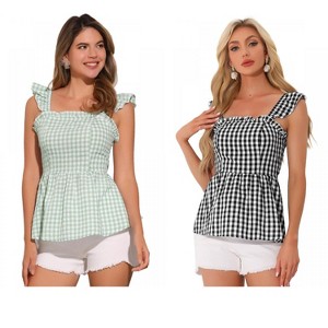 INSPIRE CHIC Women's Summer Square Neck Sleeveless Plaid Gingham Peplum Top 2 Packs - 1 of 4