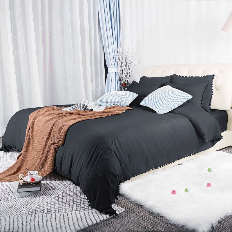 PiccoCasa Duvet Cover Set with Pompon Tassels Soft Washed Bedding Solid Color with 2 Pillow Shams 3 Piece, 2 of 5