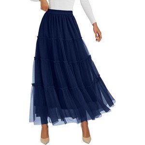 Tulle Skirts for Women 2025 Fall Fashion Elastic High Waisted Fairy Tiered Flowy A-Line Casual Maxi Long Skirt Navy Blue - 1 of 4