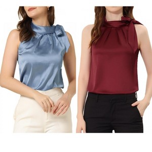 INSPIRE CHIC Women's Elegant Satin Sleeveless Bow Tie Mock Neck Solid Work Blouse 2 Packs - 1 of 4