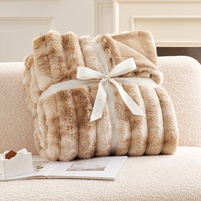 Cozy Bliss Faux Fur Plush Decorative Blanket,Cozy Warm Striped Throw