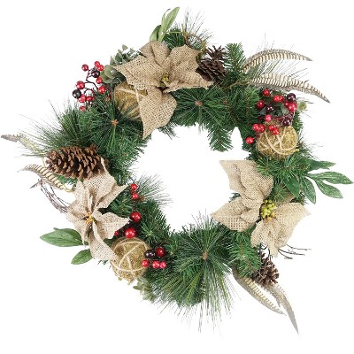 Northlight 24" Unlit Mixed Pine Berry and Burlap Poinsettia Artificial Christmas Wreath