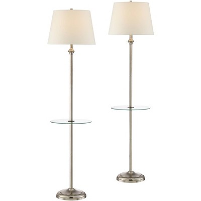 360 Lighting Modern Tall Floor Lamps Set of 2 with Glass Tray Table Satin Nickel White Fabric Hardback Shades Decor Living Room