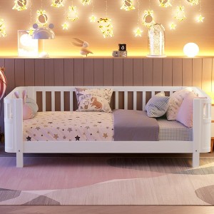 Aortzio Twin Size Solid Wooden Platform Bed,Floor Bed with Safety Rails - 1 of 4