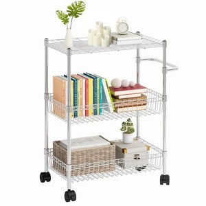 EcoSummer 3-Shelf Adjustable Wire Storage Rack, Rolling Kitchen Cart with Basket & Handle, Metal Organizer Shelf, Silver. - 1 of 4