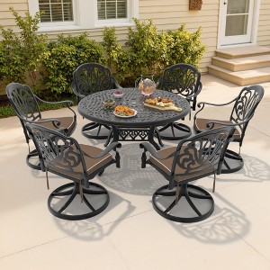 7-Piece Round Cast Aluminum Outdoor Patio Dining Set with Swivel Chairs & Brown Cushions & Umbrella Hole - 1 of 4