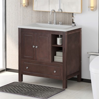 30 Bathroom Vanity With Ceramic Basin Sink, Drawer And 2-tier Storage Shelf,  Gray - Modernluxe : Target