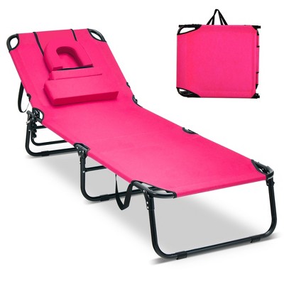 Tangkula 5-Position Lounge Chair Adjustable Beach Chaise w/ Face Cavity & Pillows