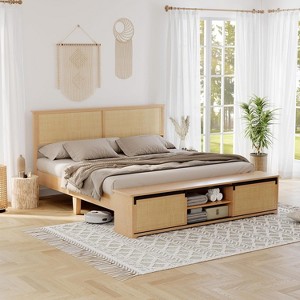 Boho Farmhouse Natural Rattan Bed Frame, Sliding Barn Door Storage and LED Light Headboard, Solid Wood Support Legs. - 1 of 4