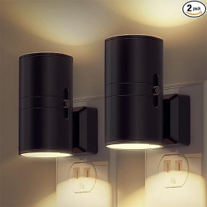 DORESshop  Black & WhitePlug-in Dusk to Dawn Night Light, Cylinder Wall Sconce Style, 3000K Warm Light, Slide Dimmer 0%-100%,  2-Pack - 1 of 4