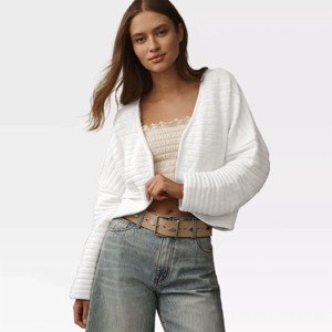 Womens Cardigan Sweater Knit Cropped Open Front Strip Rib Textured Cardigan with Curved Hem Trendy Sweater Cardigan Knit Shrugs - 1 of 4