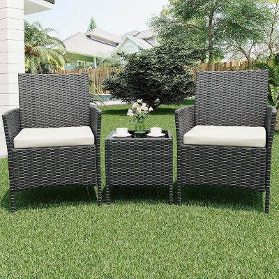 Patio Furniture Set 3 Pieces, Outdoor Patio Furniture Set with Rattan Wicker Chairs, Glass Table and Cushions for Porch, Balcony, Backyard, Garden