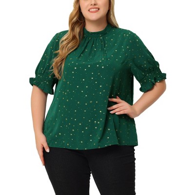 Agnes Orinda Women's Plus Size Glitter Pleated Keyhole Back Star Print Puff Sleeve Blouses