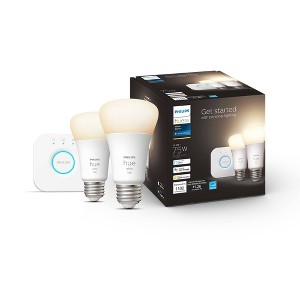 Philips Hue 2pk A19 LED Starter Kit with Bridge White: Energy Star Certified, Dimmable, 1100 Lumens, 22-Year Bulb Life - 1 of 4