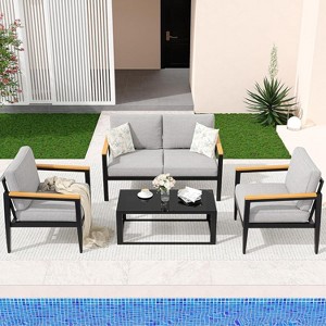 4-Piece Aluminum Patio Furniture Set, Removable Cushions, Tempered Glass Table for Outdoor Conversations, Light Grey - 1 of 4