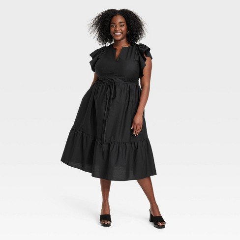 Women's Flutter Short Sleeve Poplin Tiered Midi Dress - A New Day