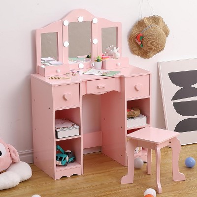 2-in-1 Wooden Kids Vanity Set,Tri-Fold Mirror, Stool & Drawer | Princess Pretend Play Makeup Dressing Table for Toddlers Ages 3+