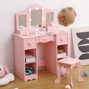 2-in-1 Wooden Kids Vanity Set,Tri-Fold Mirror, Stool & Drawer | Princess Pretend Play Makeup Dressing Table for Toddlers Ages 3+ - 1 of 2