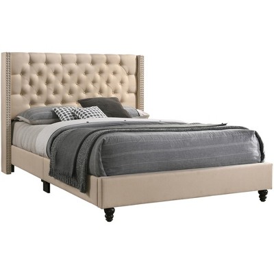 Elegant Beige Velvet Tufted Queen Bed with Nailhead Trim