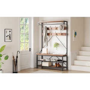 Hall Tree with Shoe Storage Bench, 72" H Coat Rack with 8 Hooks & 3-Tier Shelf, Industrial Farmhouse Entryway Organizer. - 1 of 4