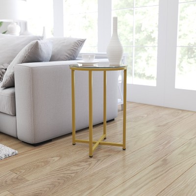 Round Clear Glass End Table with Gold Metal Cross Legs