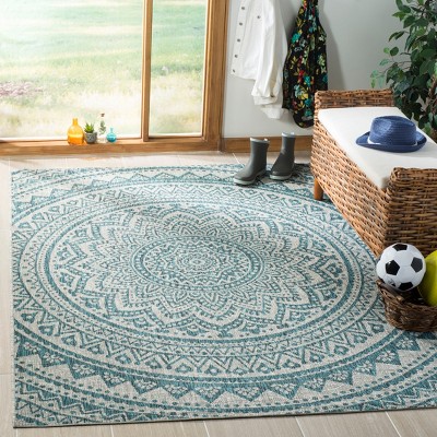 Light Grey and Teal Synthetic Medallion Indoor/Outdoor Rug