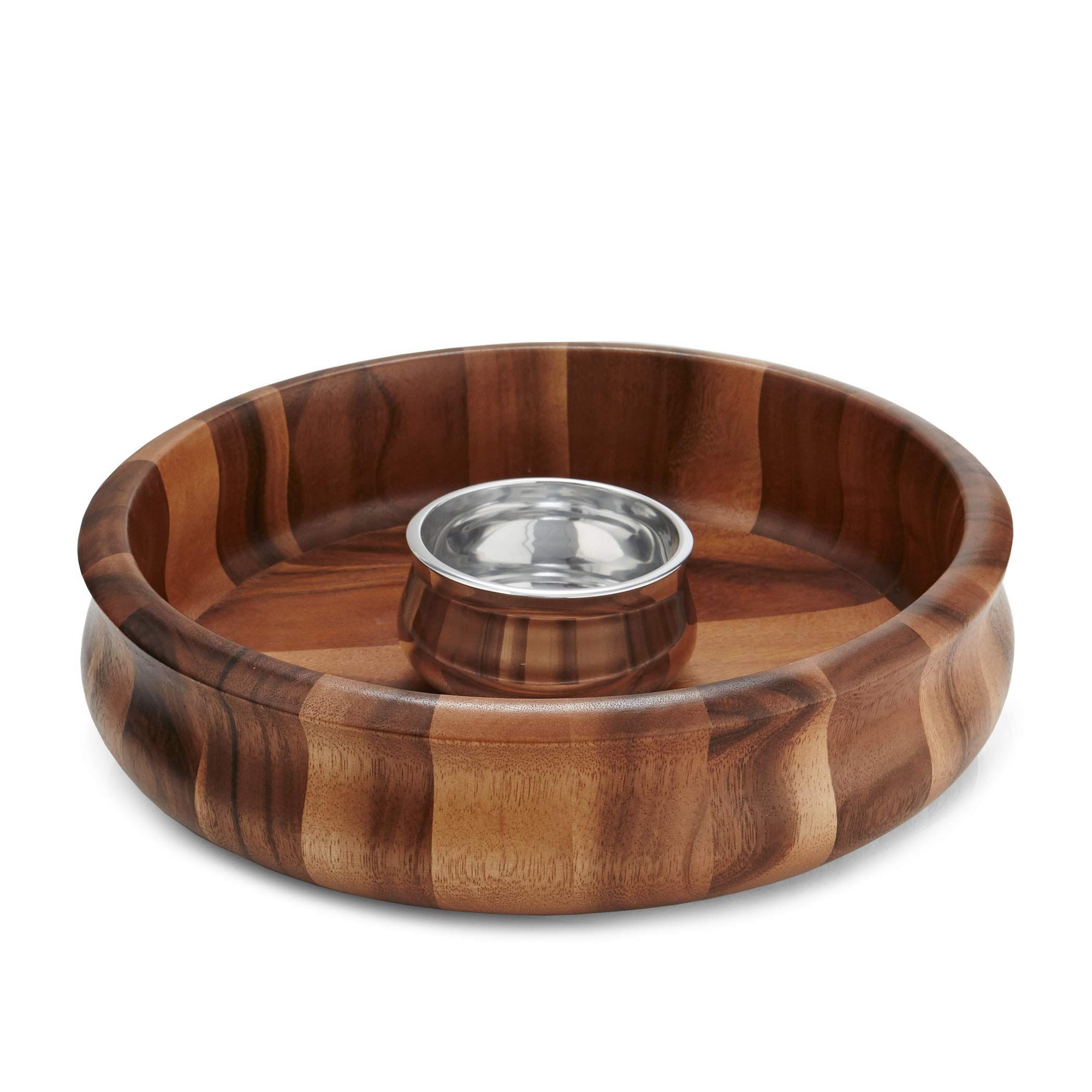 Nambé Nara Chip & Dip Bowl Set, Acacia Wood Base with Removable Alloy Dish, Entertaining Serveware for Heated or Chilled Snacks, Stylish Serveware