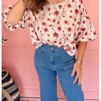 Women's Fiona Floral Bubble Sleeve Top - Easel