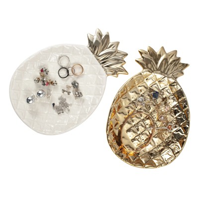2 Pack Pineapple Jewelry Tray Trinket Dish, Gold & White Ring Plate Holder, Key Tray for Entryway Table, Desk Organizer