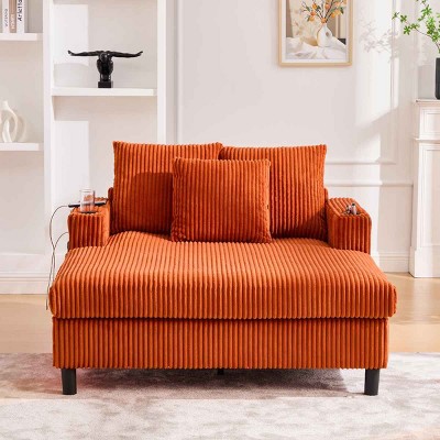 Oversized Recliner Sofa with 3 Pillows and Side Pocket, Single Sofa with USB and RGB LED Lights, Corduroy Sofa with Wood Frame-Coolbibila