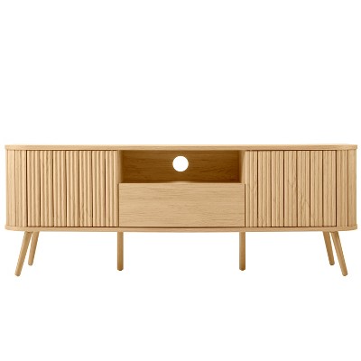 Damien 70" Oak Farmhouse Curved TV Stand with Drawer and Storage Doors