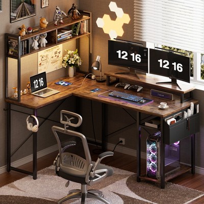 Aheaplus L Shaped Desk with Charging Staion and LED Light, Corner Computer Desk with Hutch and Monitor Stand