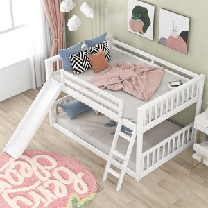 RISOKEYS Full over Full Bunk Bed - Convertible Bunk Bed with Slide and Ladder for Kids, Girls, Boys, Floor Bunk Bed - White - 1 of 4
