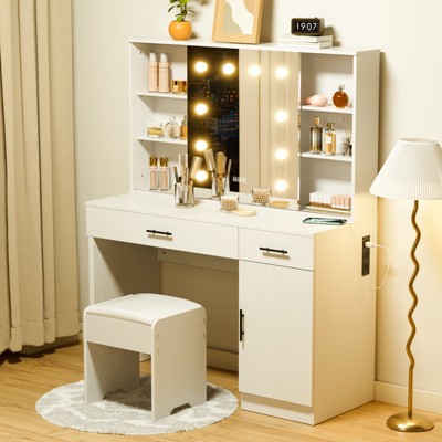 LOVMOR Vanity Desk with Lighted Mirror,Large Vanity Desk with Storage Shelf and Drawers, 10 LED Lights