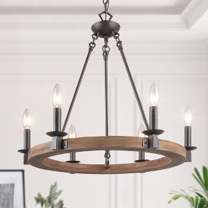 LNC Laius 6-Lights 22.8"Wagon Wheel Farmhouse Candle Chandelier,Rustic Bronze and Brown Wood Tone - 1 of 4